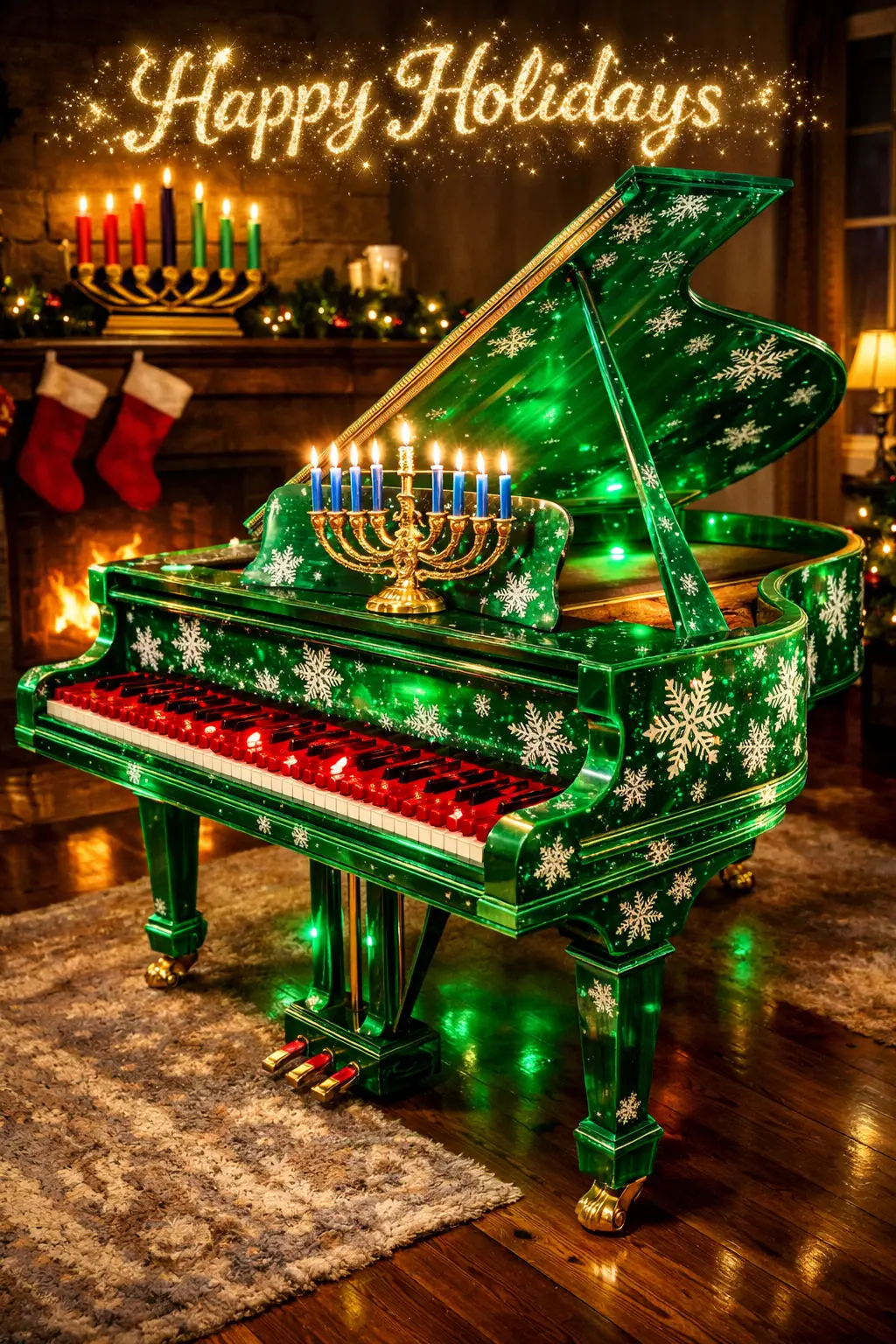 Piano à queue émeraude aux touches rubis dans un salon de fête