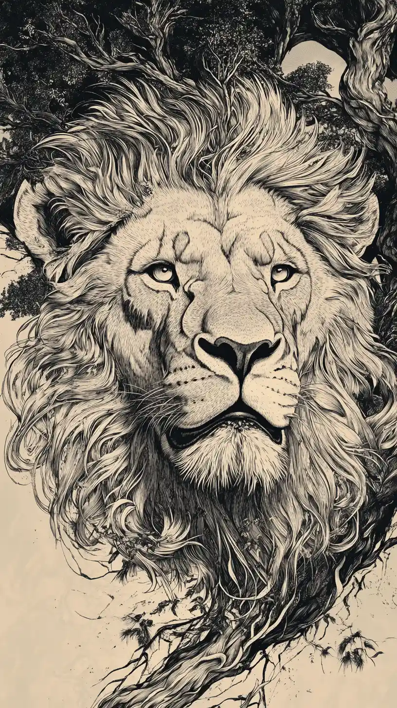 Intricate line art portrait of a powerful lion