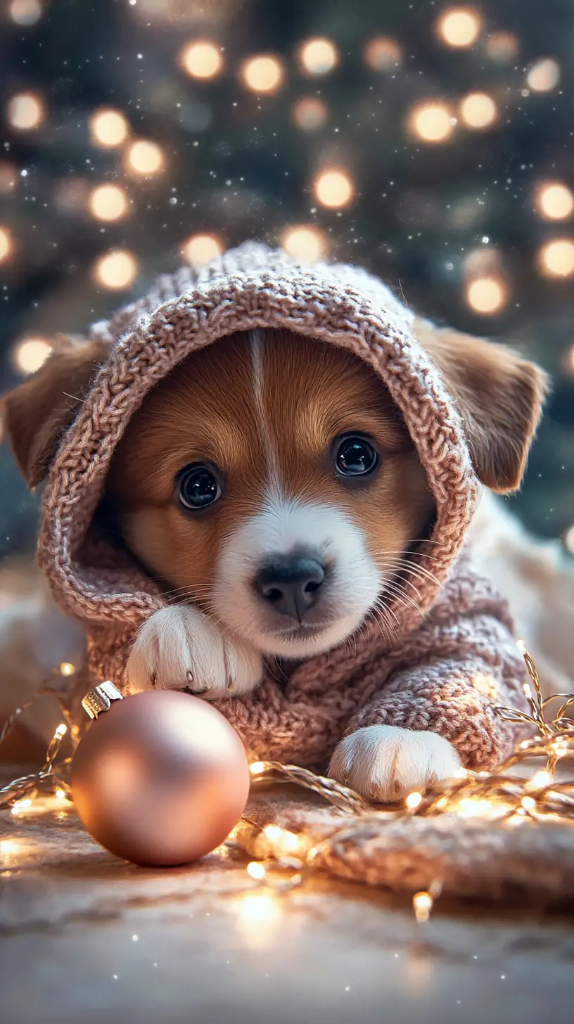 Cute puppy playing with christmas lights and ornaments