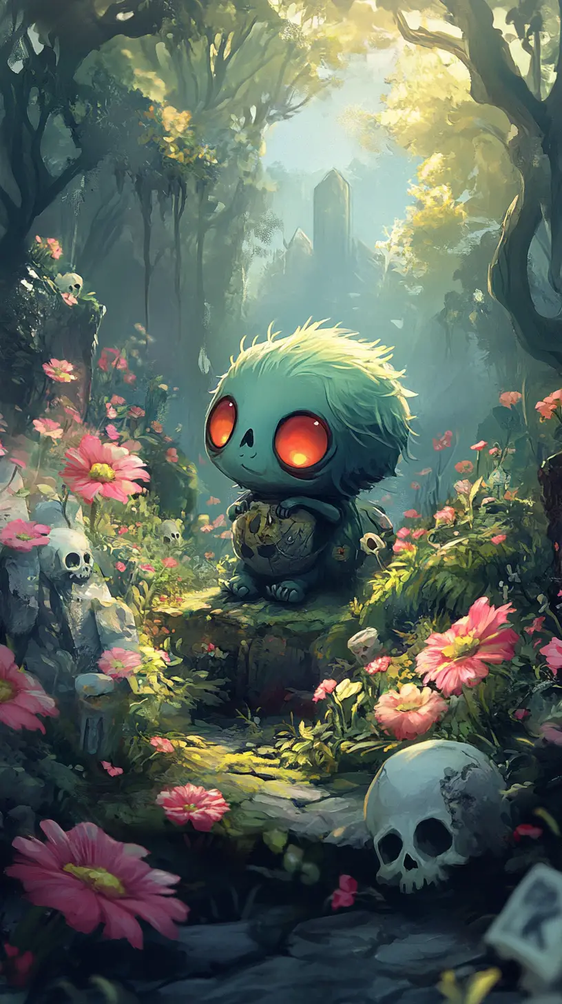 Creatura chibi fiabesca in un giardino incantato di fiori blu