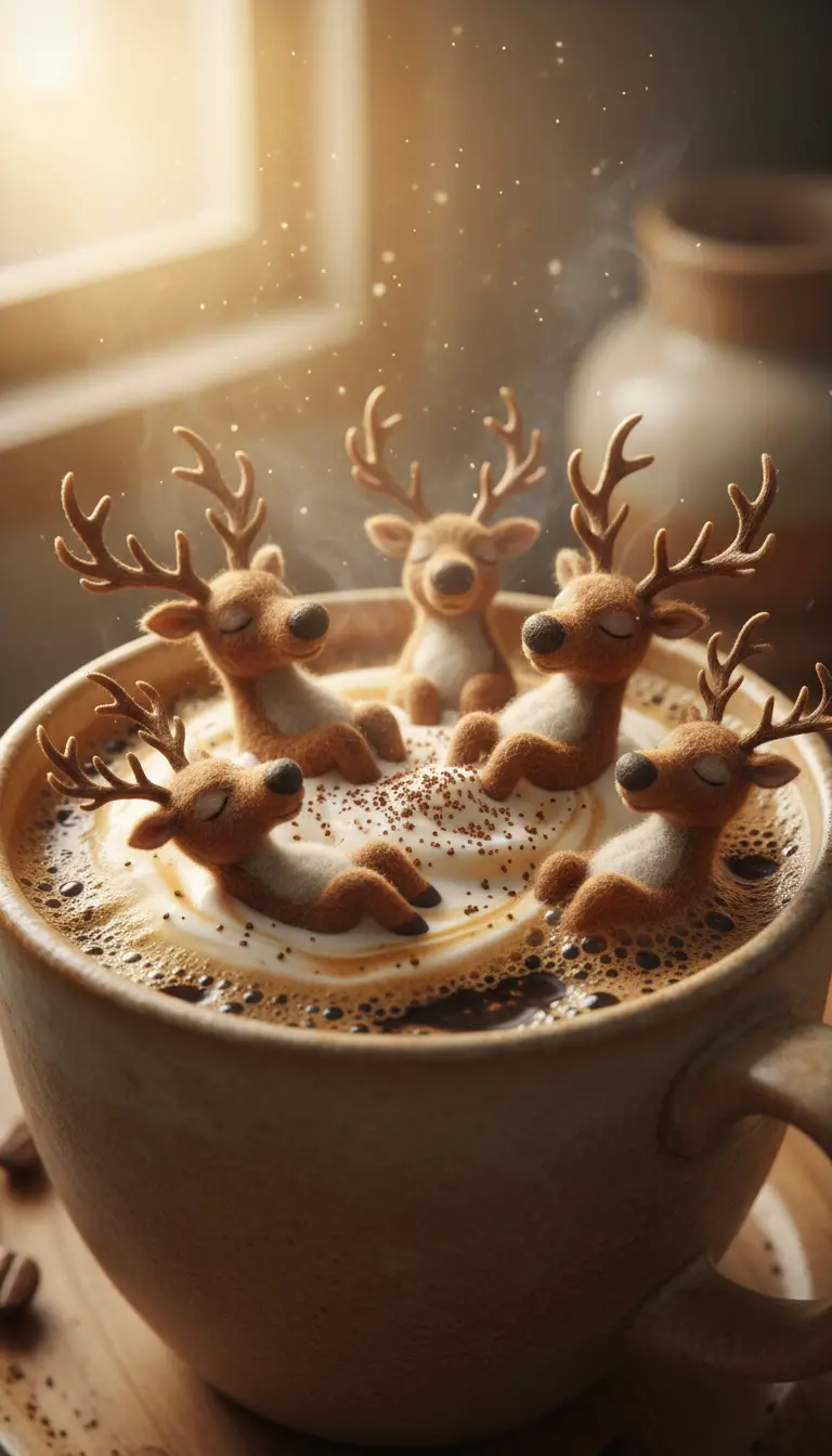 Peaceful reindeer resting in a steaming coffee cup