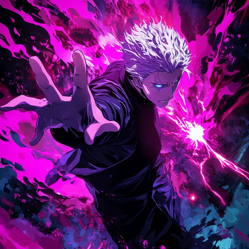 Anime-Zauberer im schwarzen Anzug mit leuchtender violetter Aura