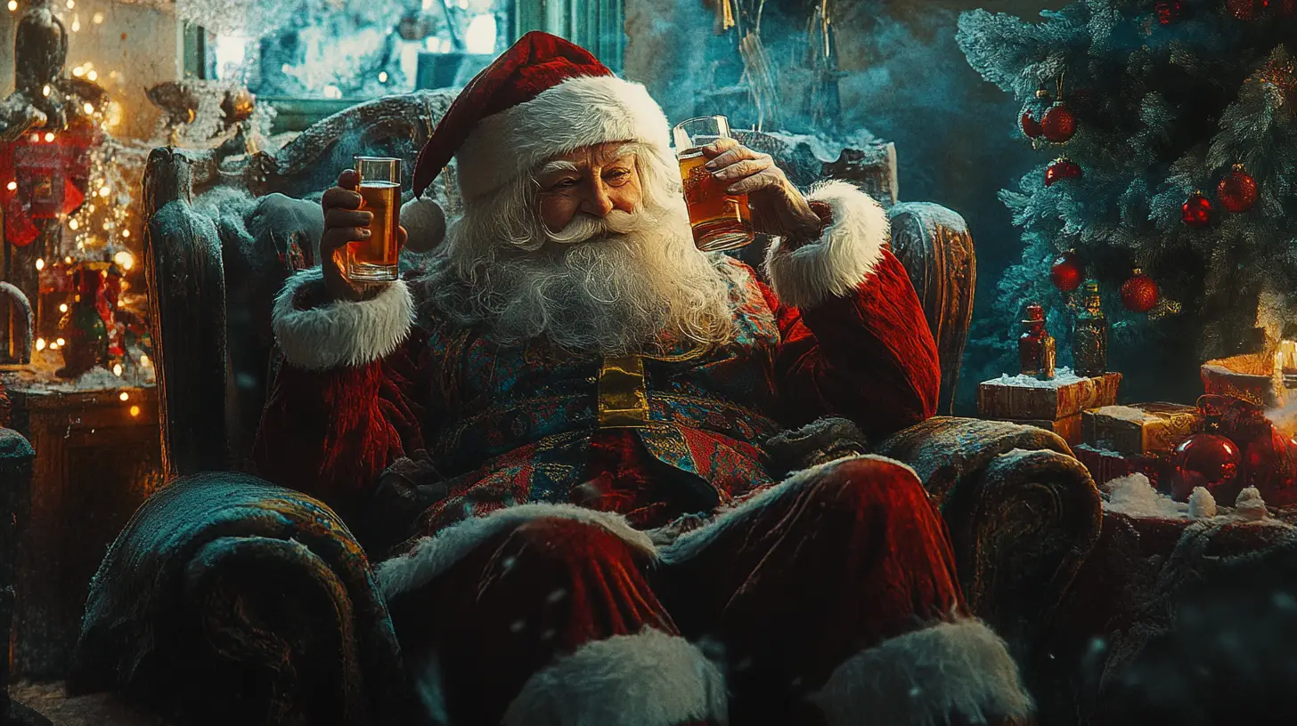 Grand-mère ukrainienne partageant de la vodka avec le Père Noël à la maison