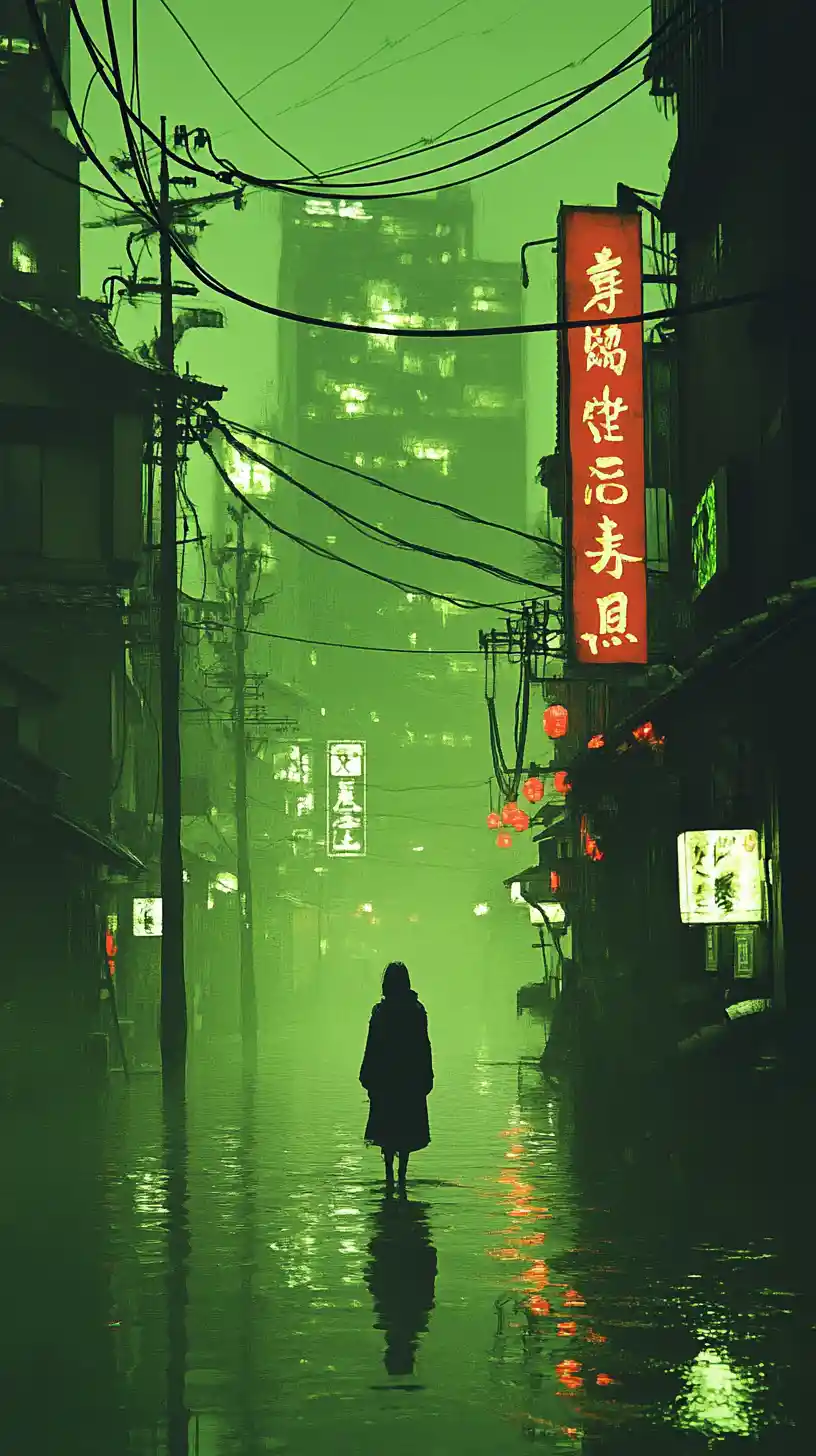 Hombre con abrigo largo junto al paseo marítimo japonés iluminado en verde