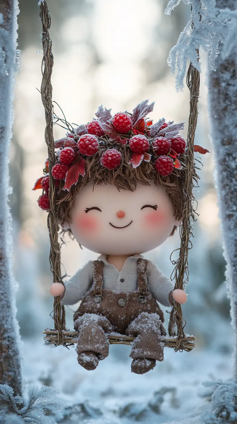 雪林中盪鞦韆的開朗樹枝玩偶男孩