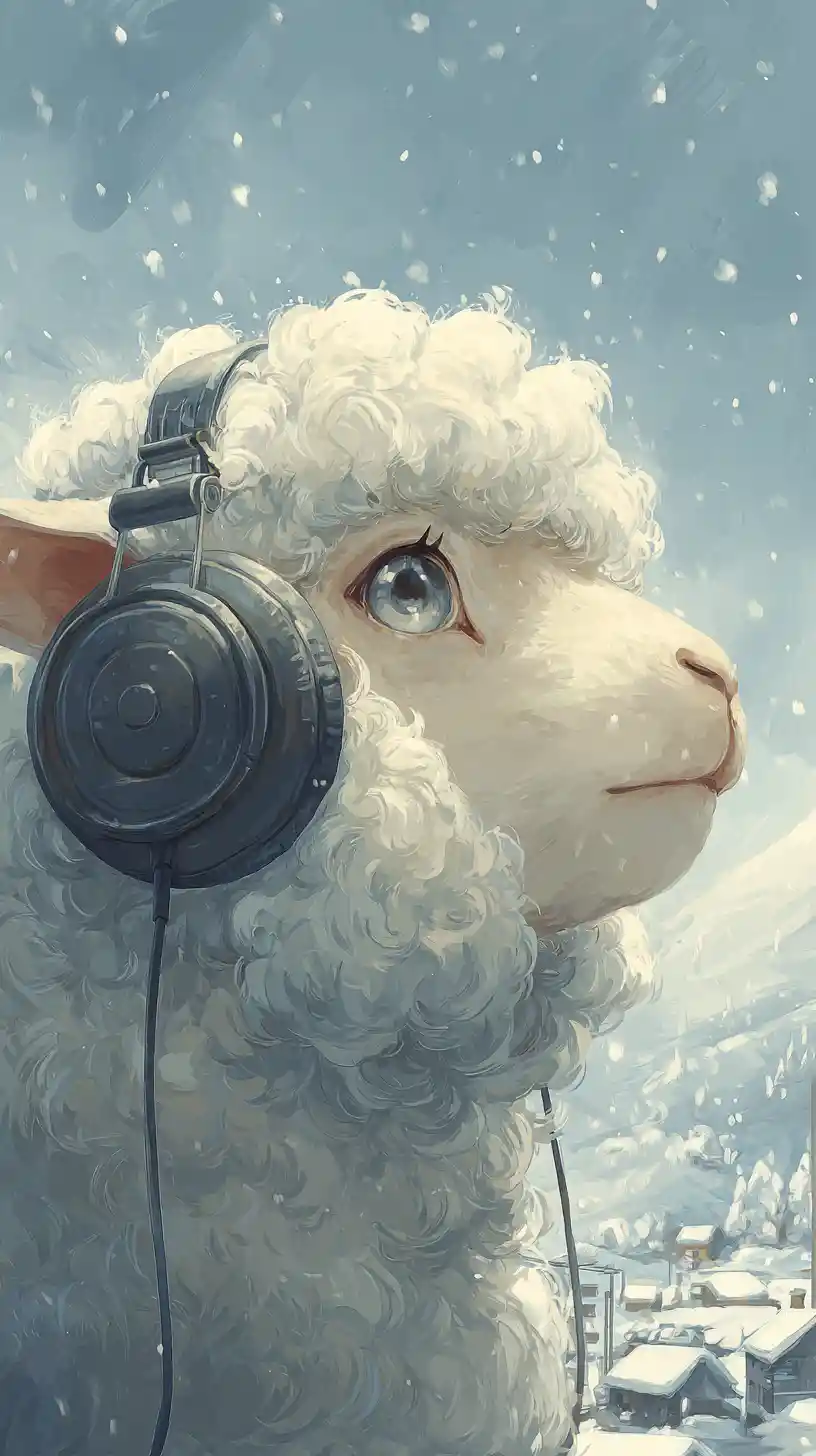 Anime sheep portrait with headphones in snowy village