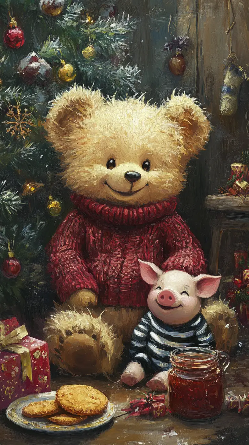 Ours en peluche et porcelet près d’un sapin de Noël chaleureux