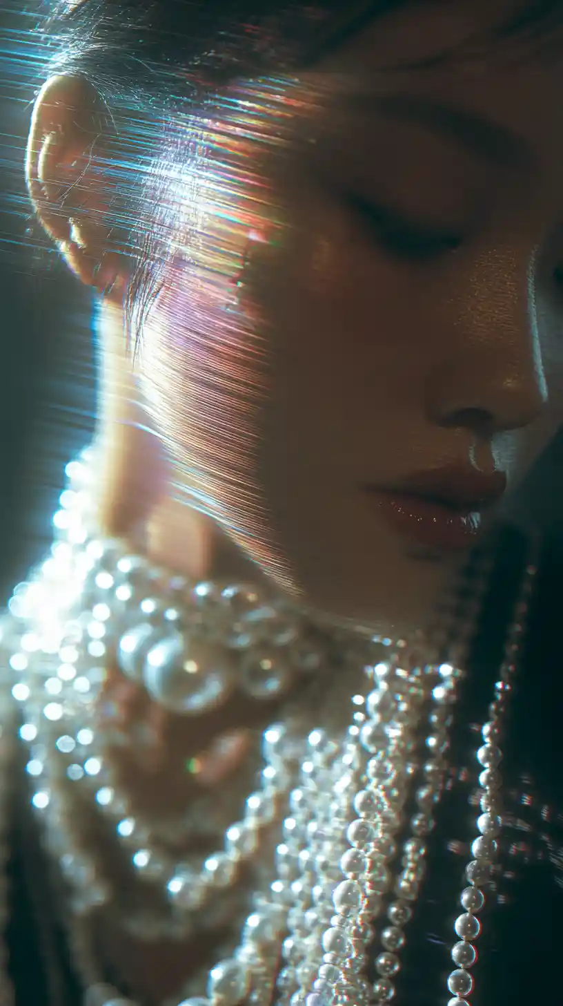 Elegant close up portrait of a woman wearing pearls