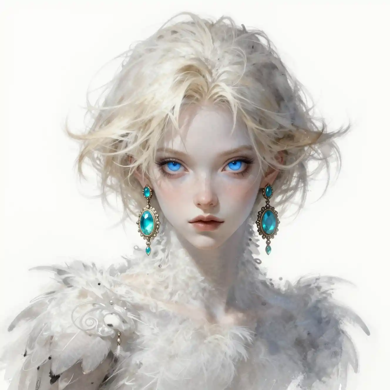 Pale woman with blue eyes and turquoise earrings portrait