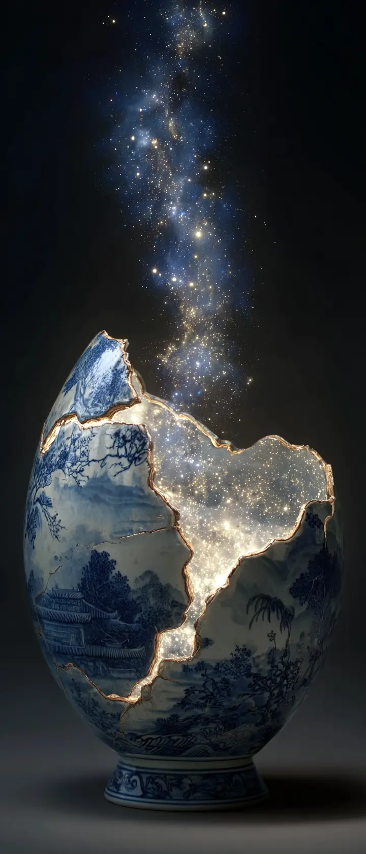 以發光宇宙裂痕修復的瓷碗碎片