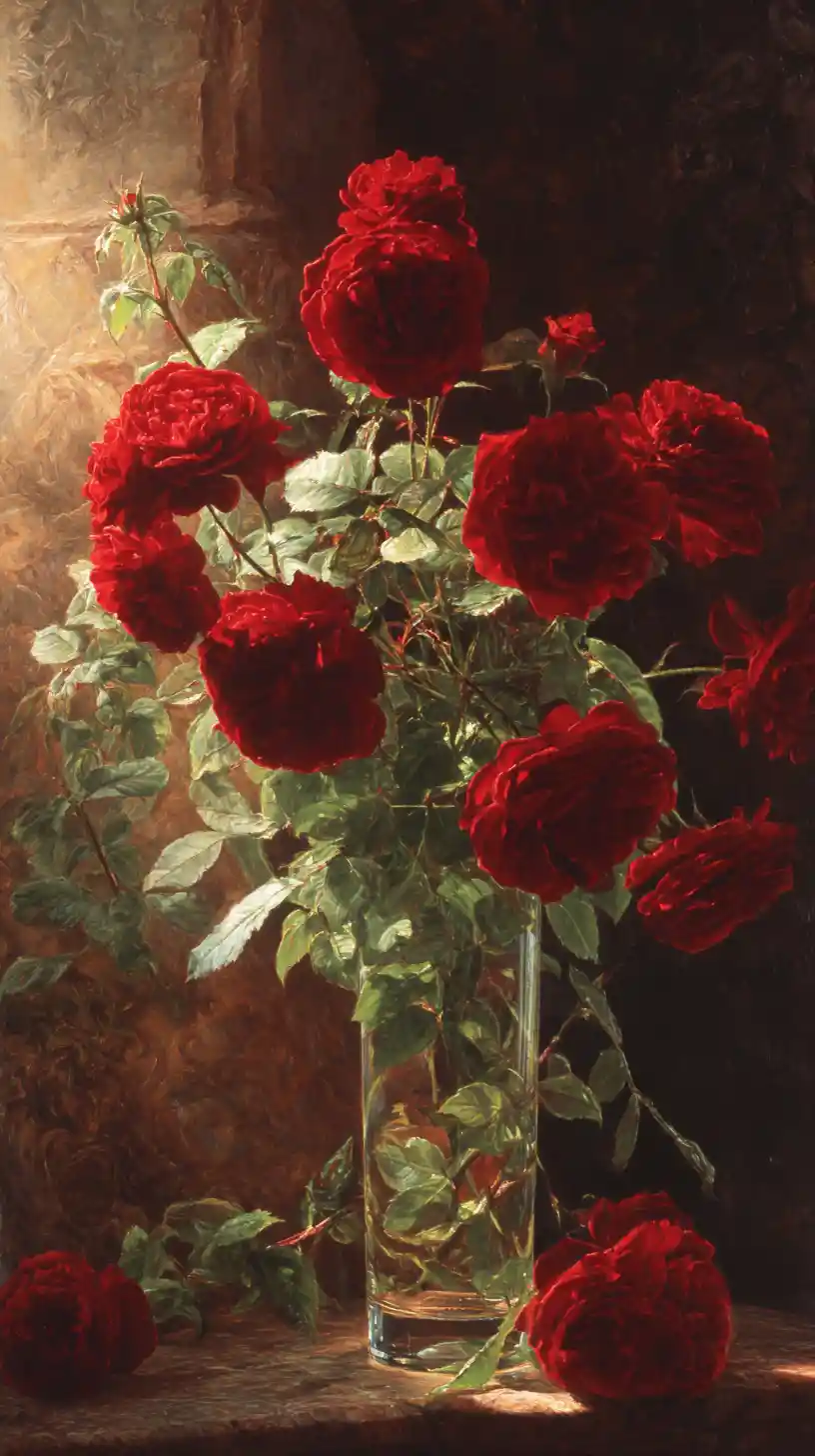 Velvety red roses arranged in a glass vase