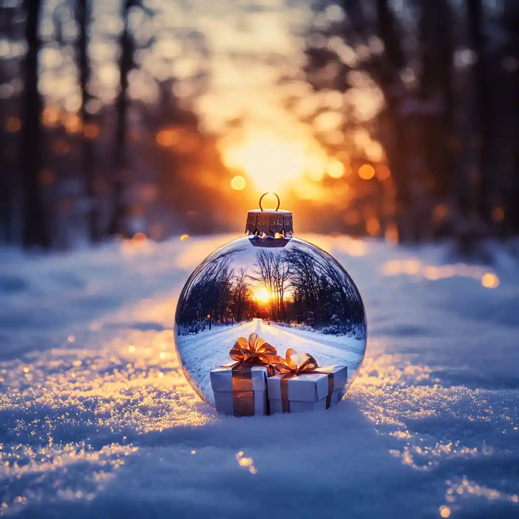 Decorazione Natalizia di Vetro sulla Neve al Tramonto Invernale