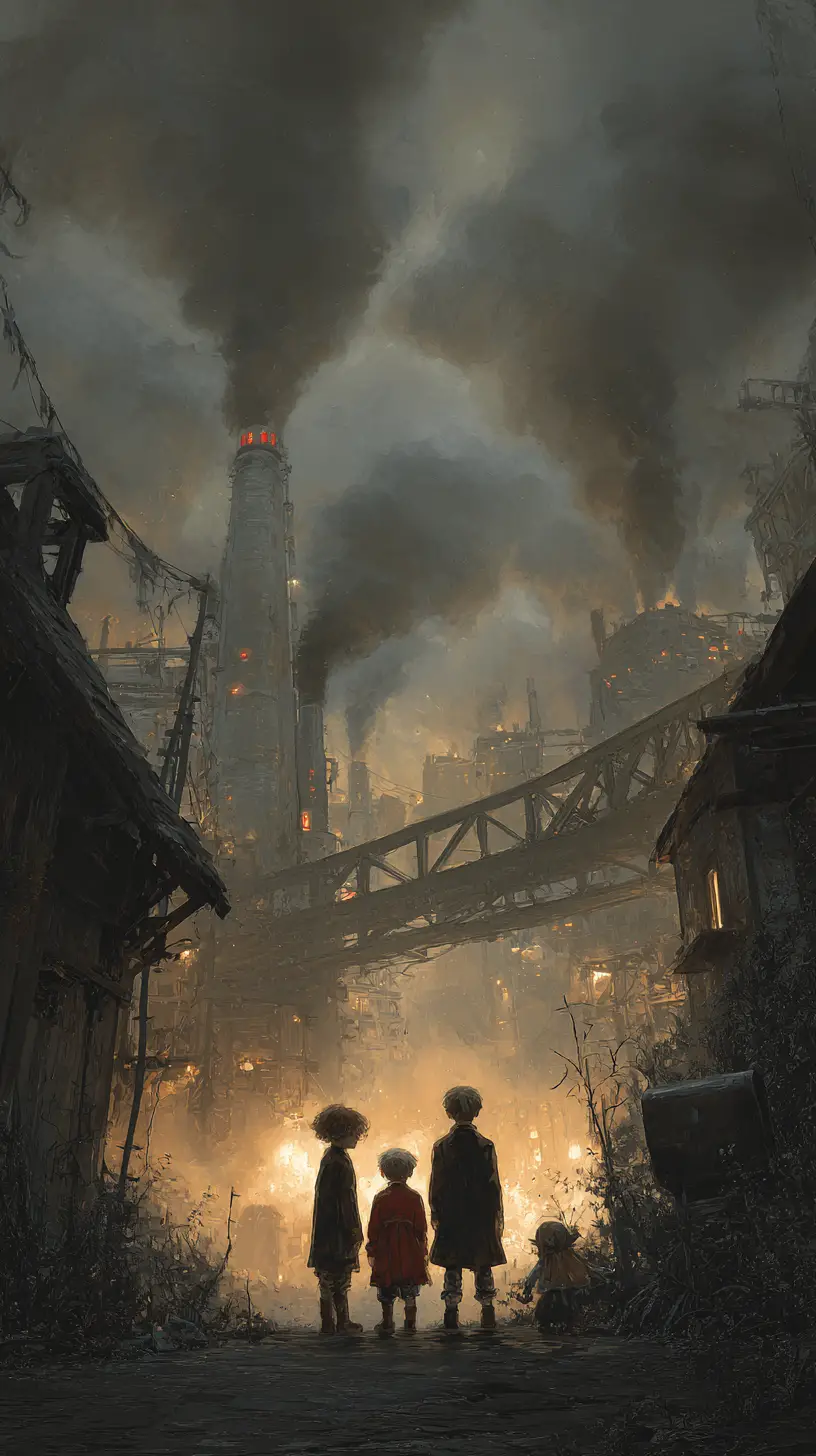 Cortile urbano steampunk con bambini che giocano nel fumo