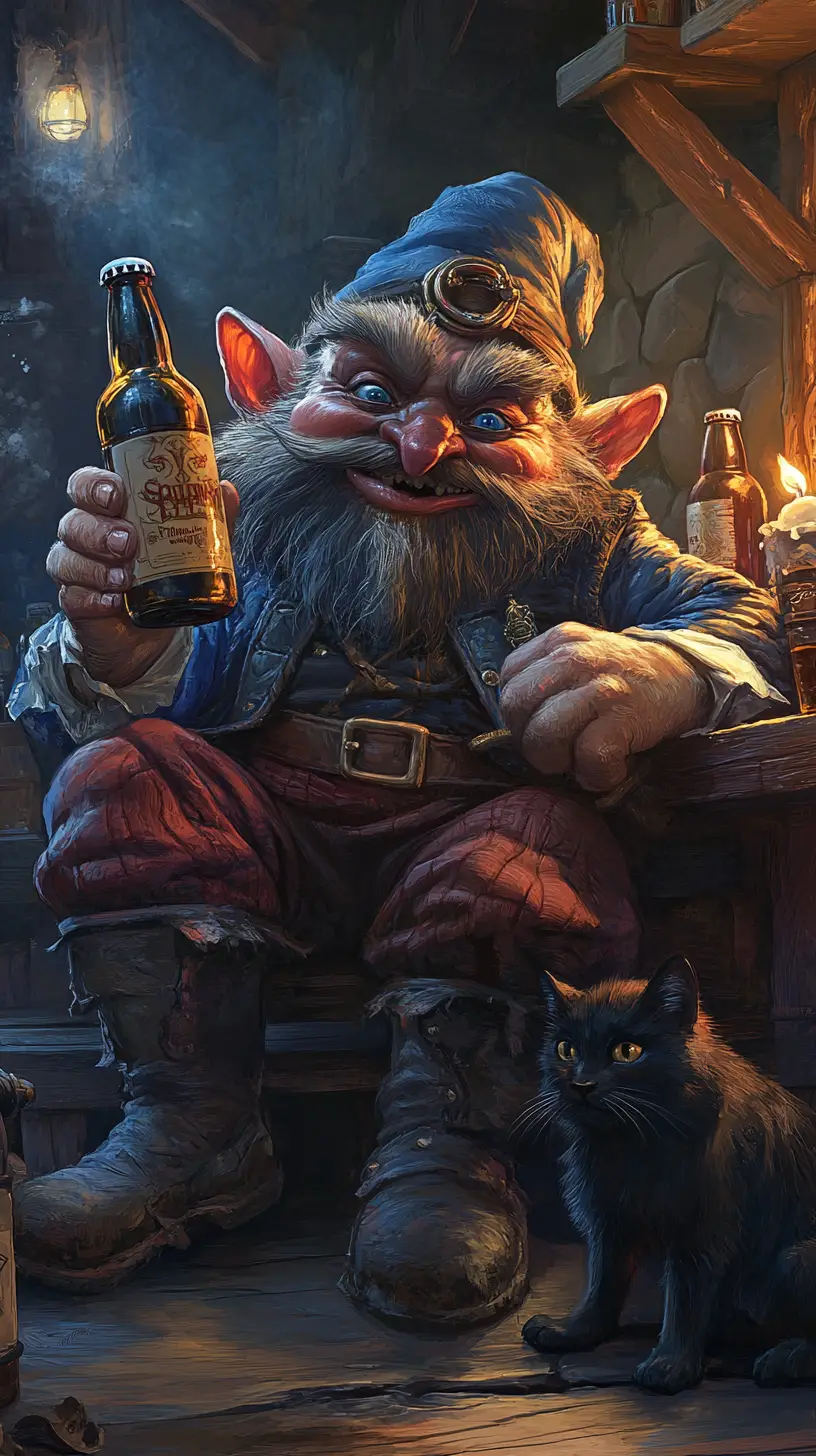 Whimsical gnome on beer barrel in a rustic tavern