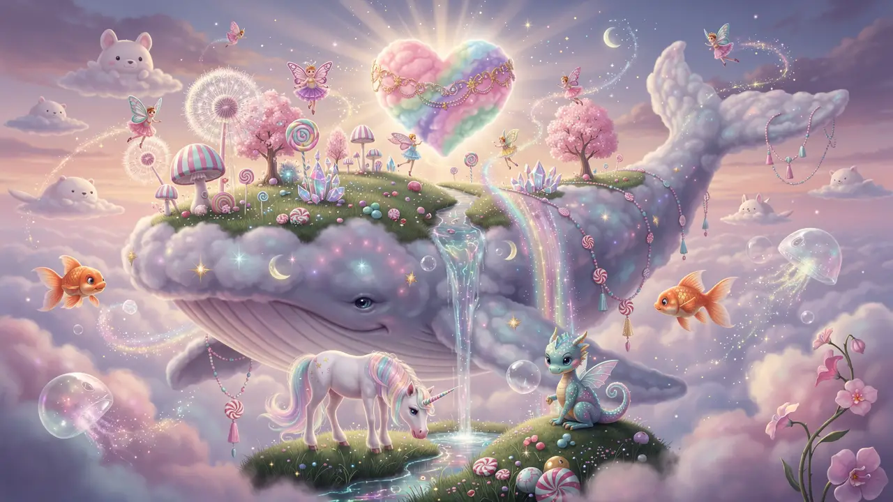 Dolce balena di nuvole che trasporta un mondo di fantasia fluttuante