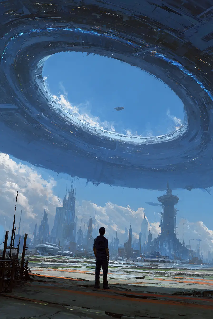 Epischer Sci‑Fi-Charakter in einer gemalten Skizzenszene