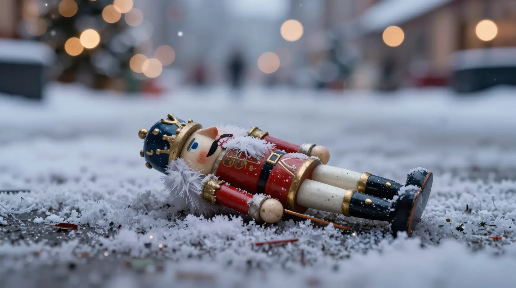 Broken vintage christmas ornament on snowy winter pavement