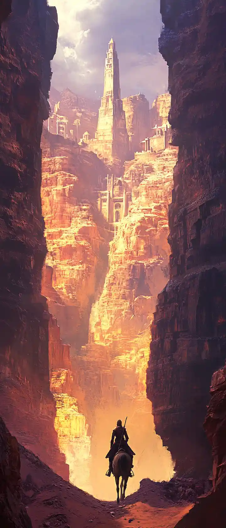 Lone rider crossing a vast canyon toward distant city