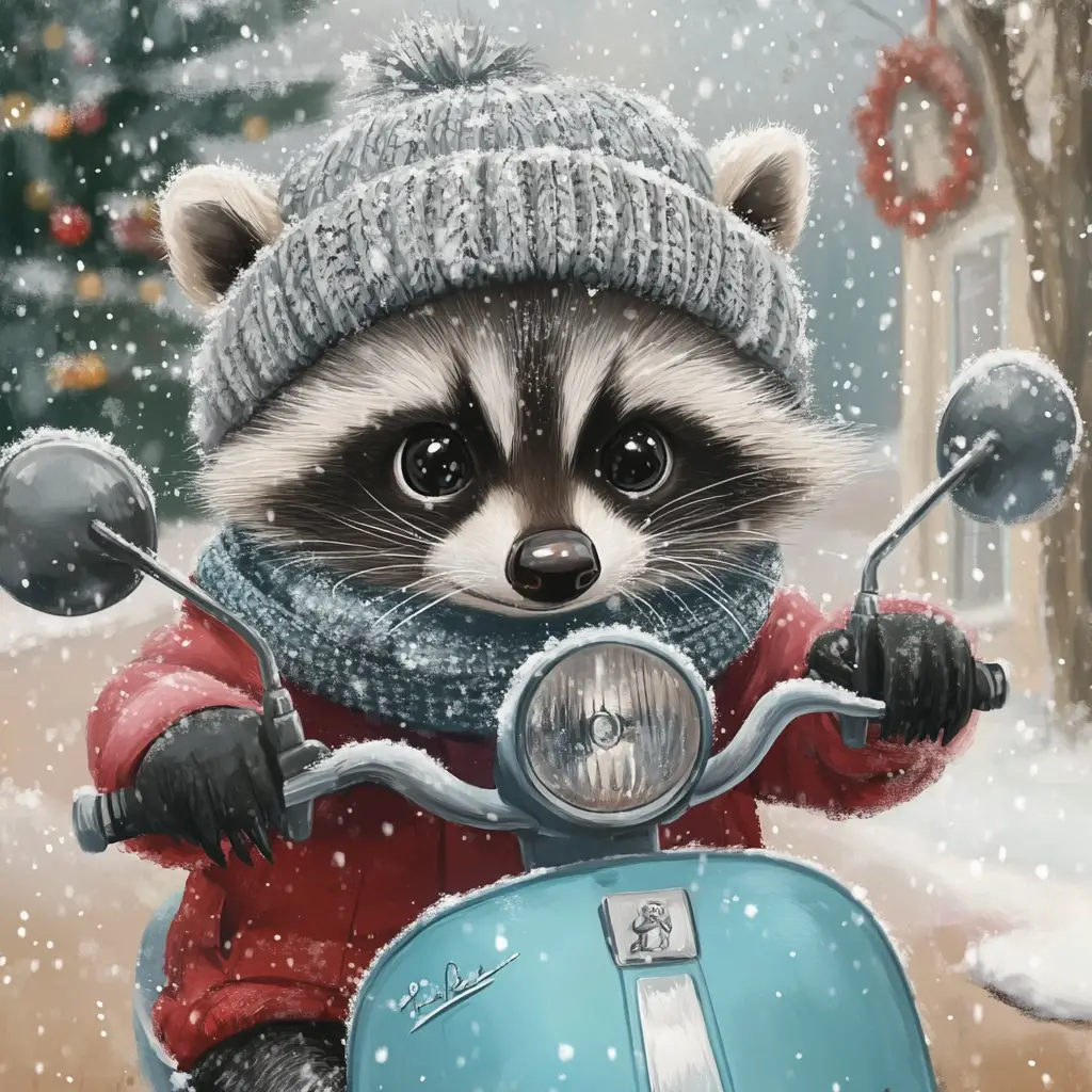 Adorable raton laveur en trottinette dans un village enneigé
