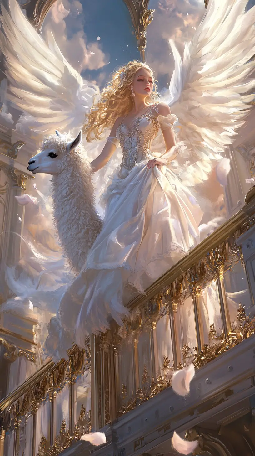 Angel With White Llama On Celestial Palace Balcony