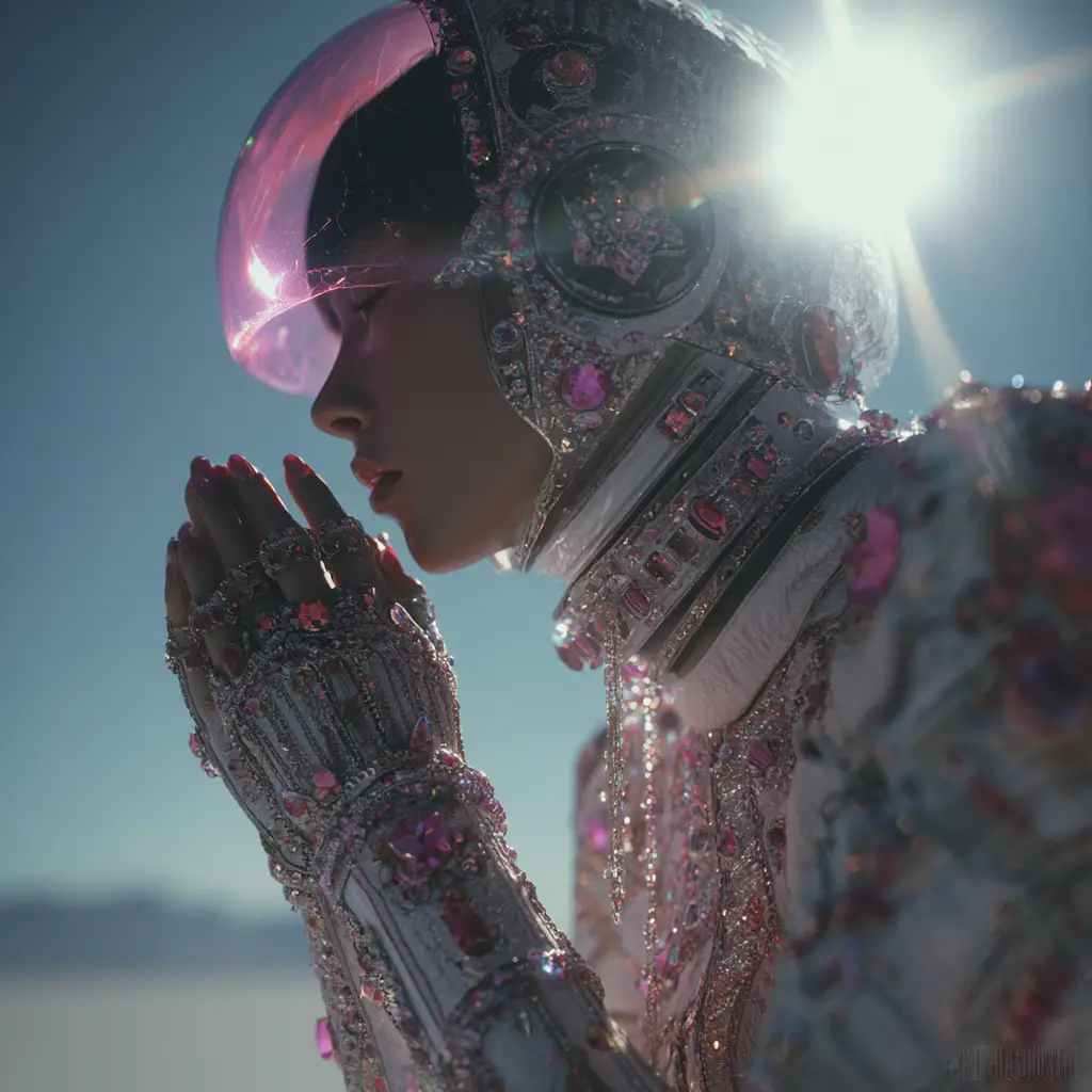 Futuristische Gucci-Astronautin im Profil auf einer fremden Welt