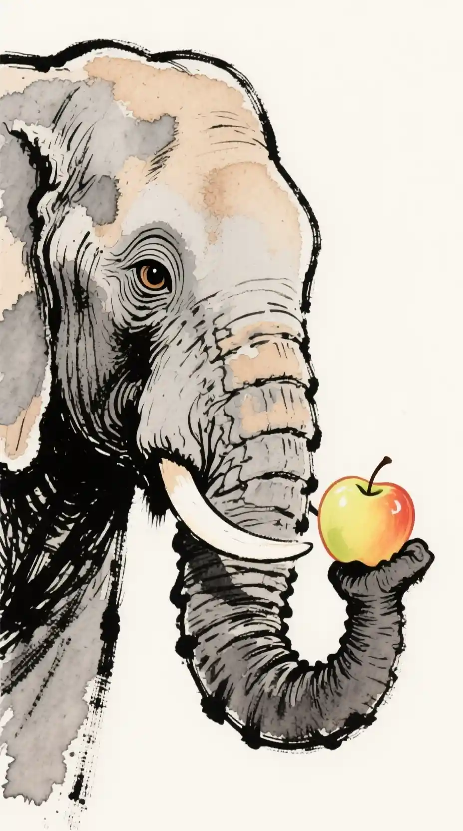 Illustrazione a inchiostro di un elefante saggio con una mela