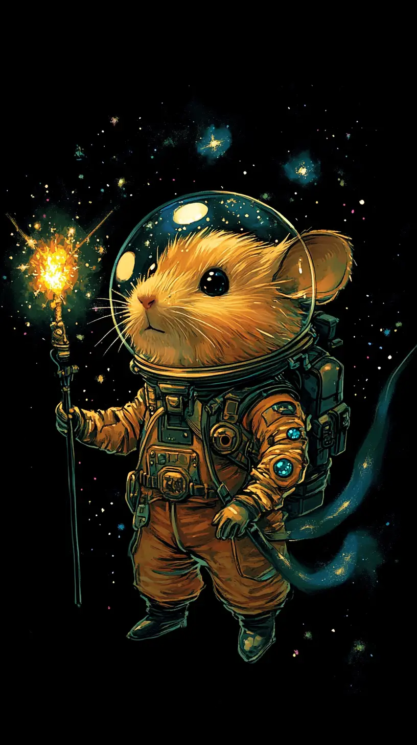Criceto astronauta con bastone magico nello spazio da sogno