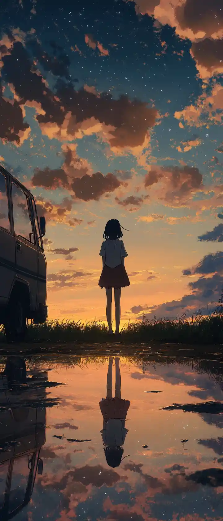 Ghostly anime girl reflected at sunset sky