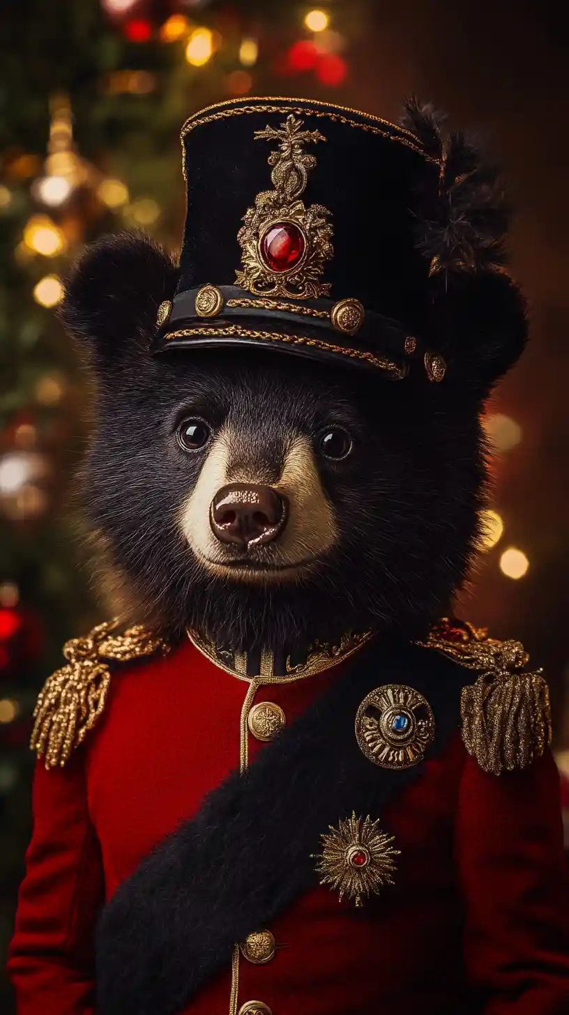 Victorian toy soldier bear portrait with Christmas tree