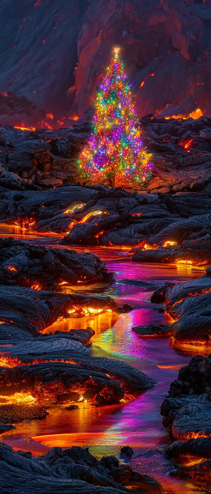 Albero di Natale Luminoso su Paesaggio di Lava Vulcanica Incandescente