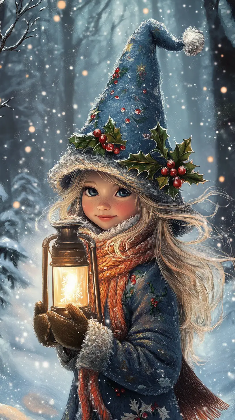 雪林中提燈的聖誕地精女孩
