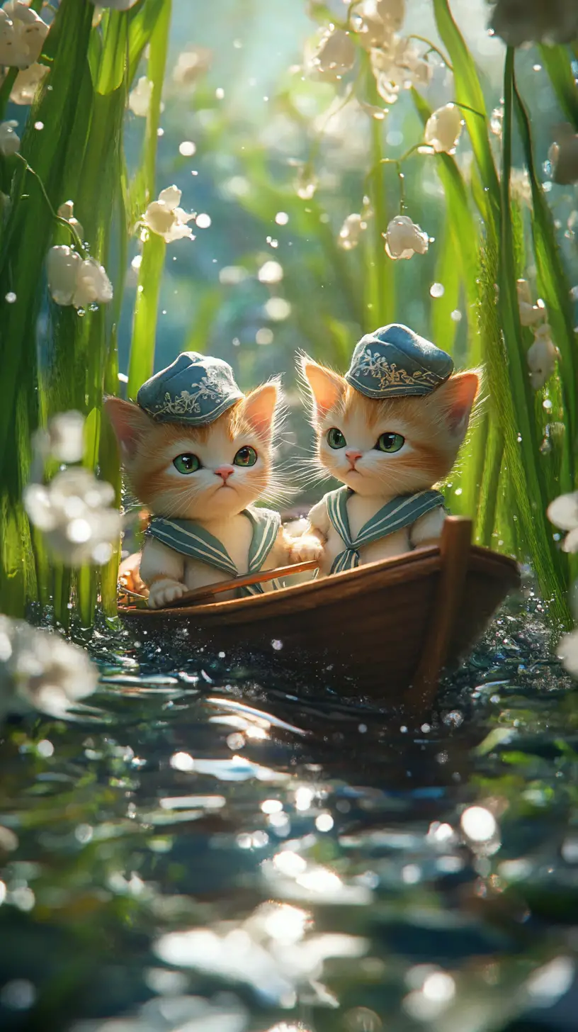 Tiny sailor cats playing with a toy boat in spring