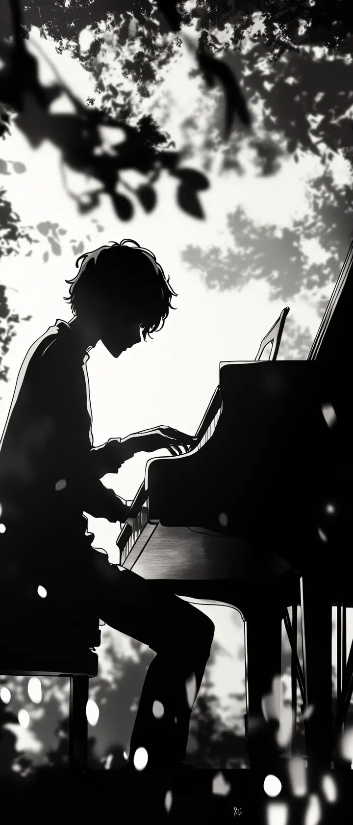 Pianista in un mondo surreale che svanisce dal colore al monocromo