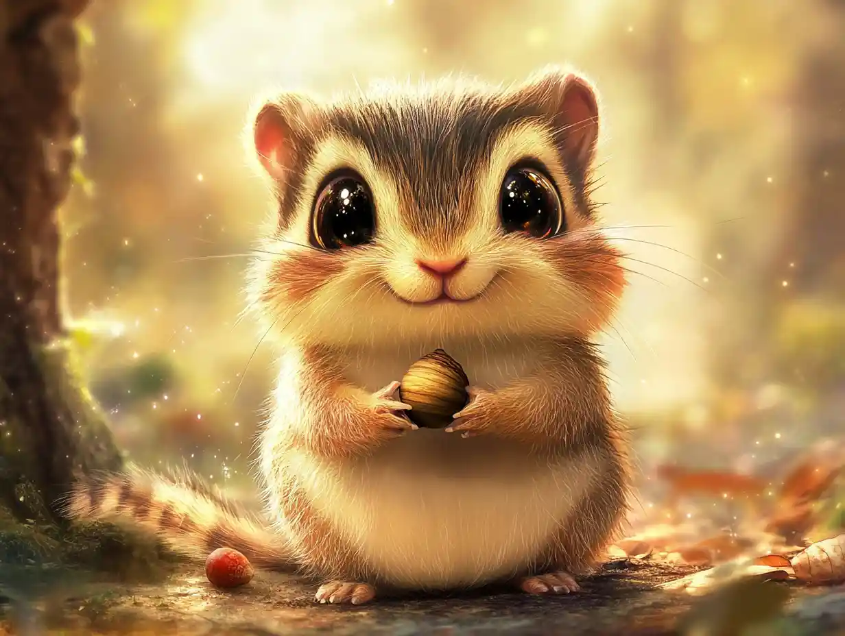 Adorabile cucciolo di scoiattolo in stile cartoon con una ghianda