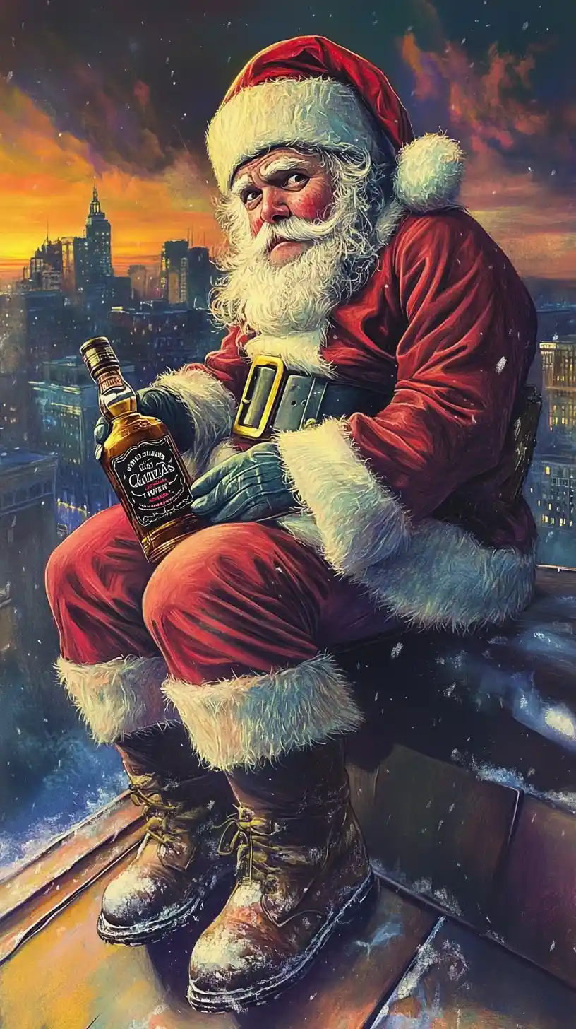 Tired Santa Claus On A Winter City Rooftop