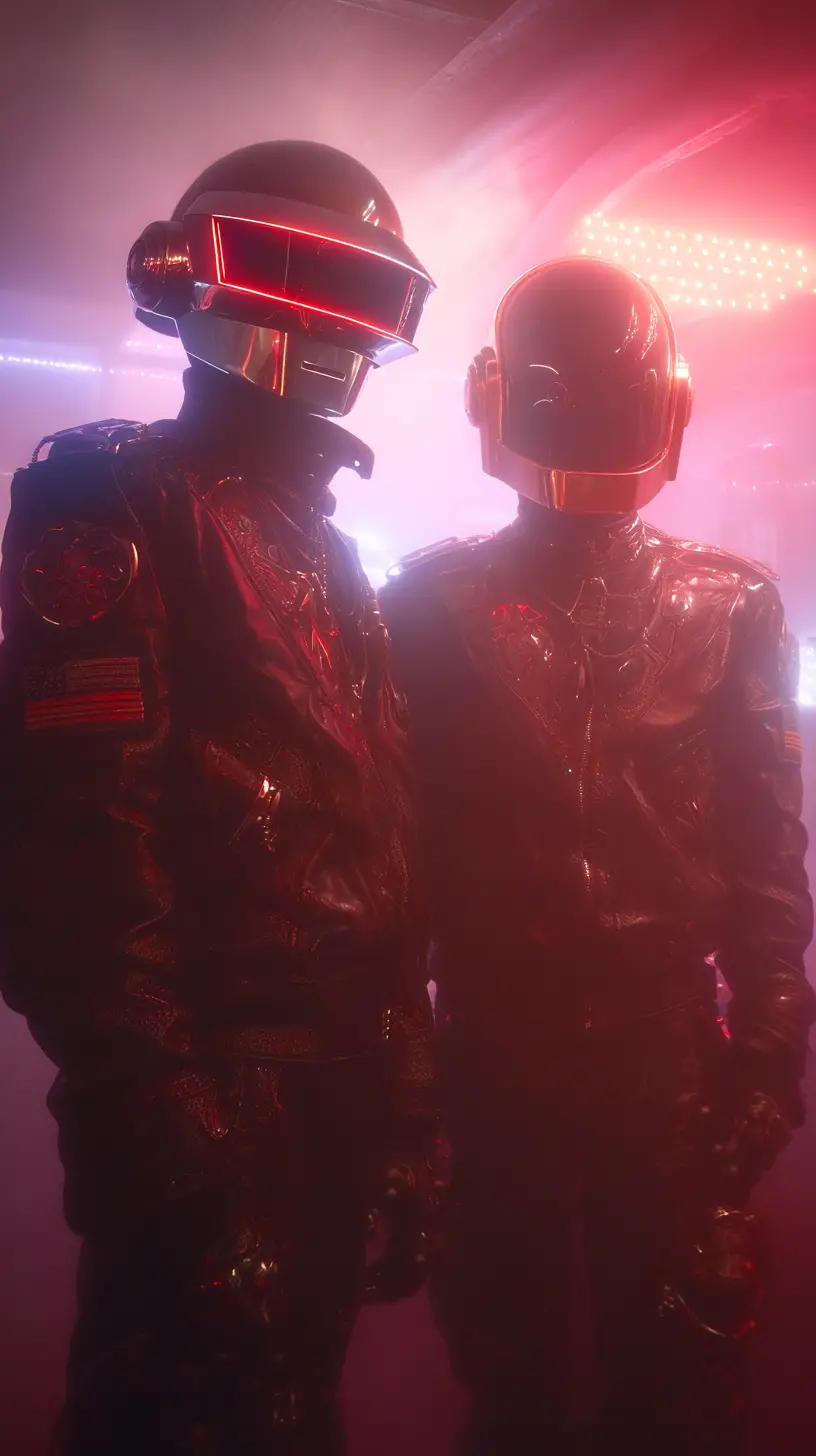 Duo de musique électronique casqué dans une boîte de nuit néon à Paris