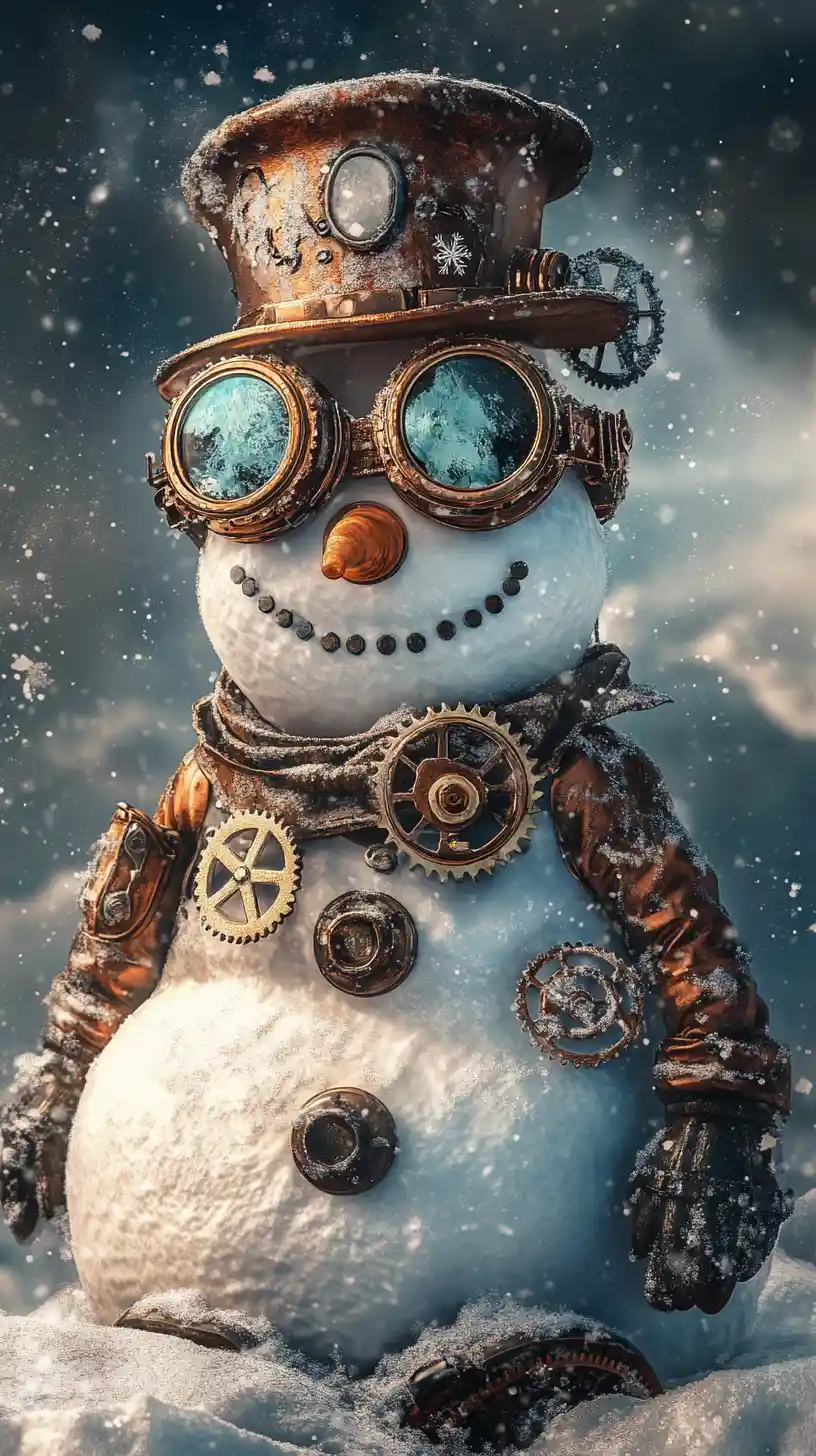 超現實蒸汽龐克冬季景觀中的發條雪人