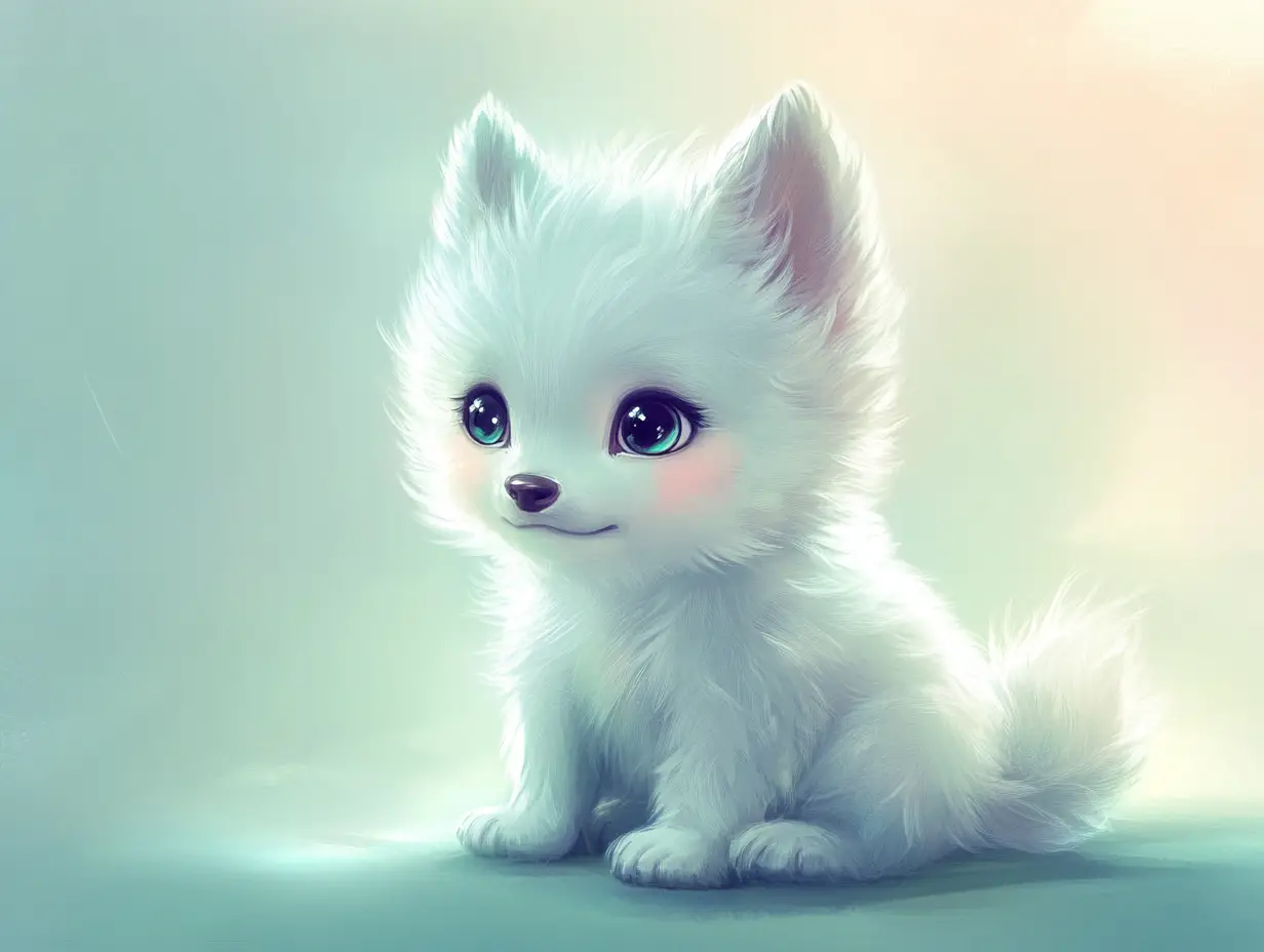 Adorable louveteau blanc assis sur un doux fond de studio
