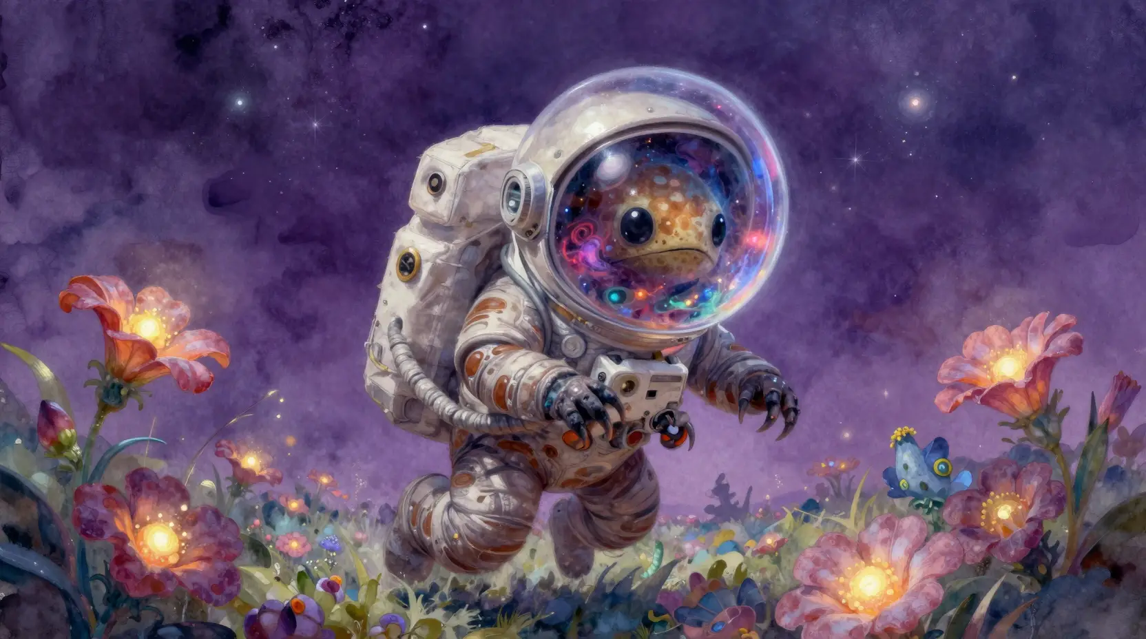 Tardigraden-Astronaut schwebt zwischen leuchtenden Alien-Blumen