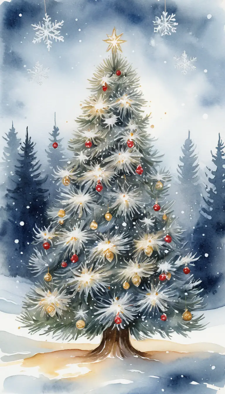 Albero di Natale ad Acquerello con Fiocchi di Neve e Luci Dorate