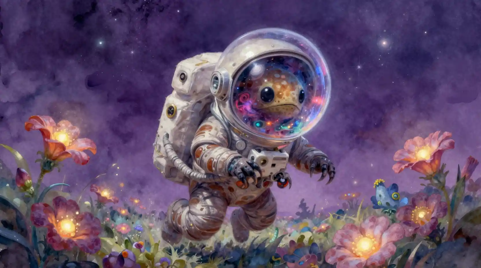 Astronauta tardigrado che fluttua tra fiori alieni luminosi