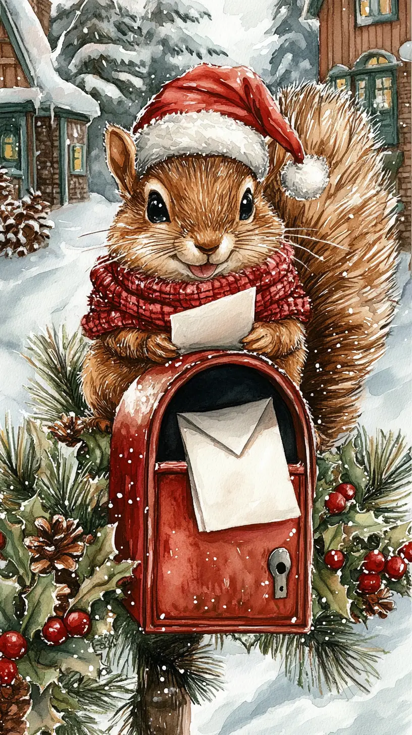 Niedliches Weihnachts-Eichhörnchen auf rustikalem roten Briefkasten