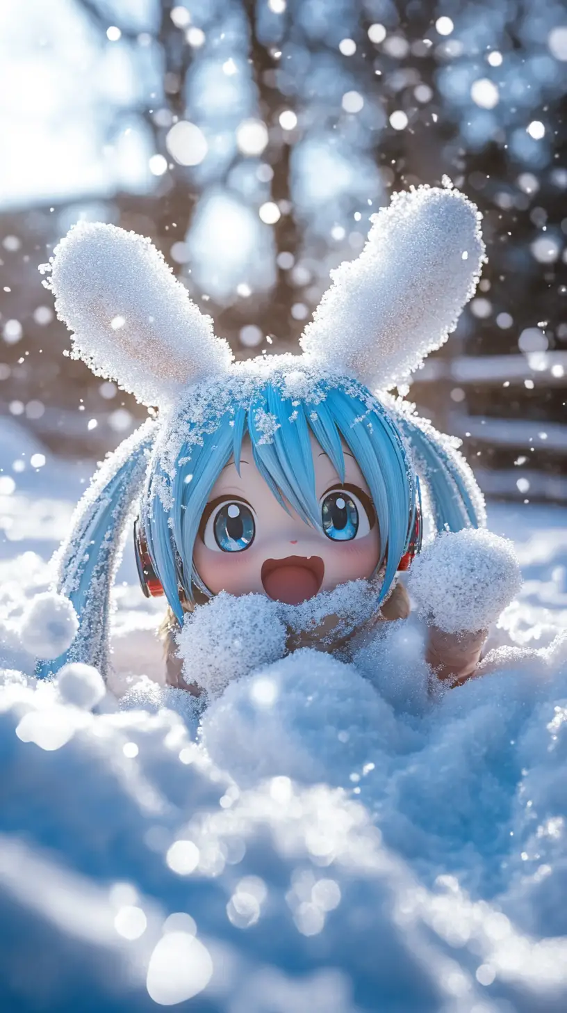 Joyeuse fille aux cheveux bleus surgissant de la neige profonde de l’hiver