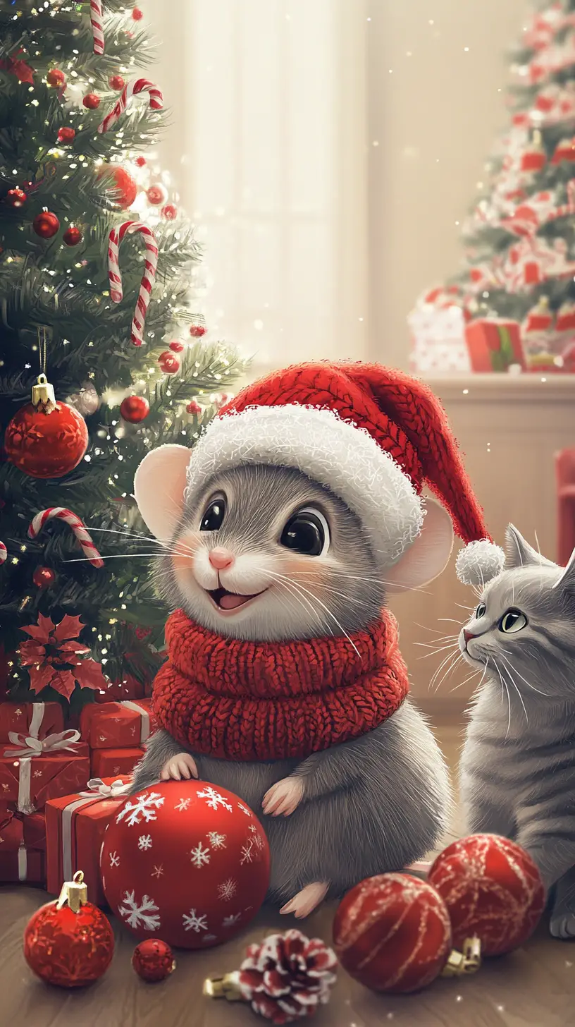 Cheerful mouse and cat by a glowing Christmas tree