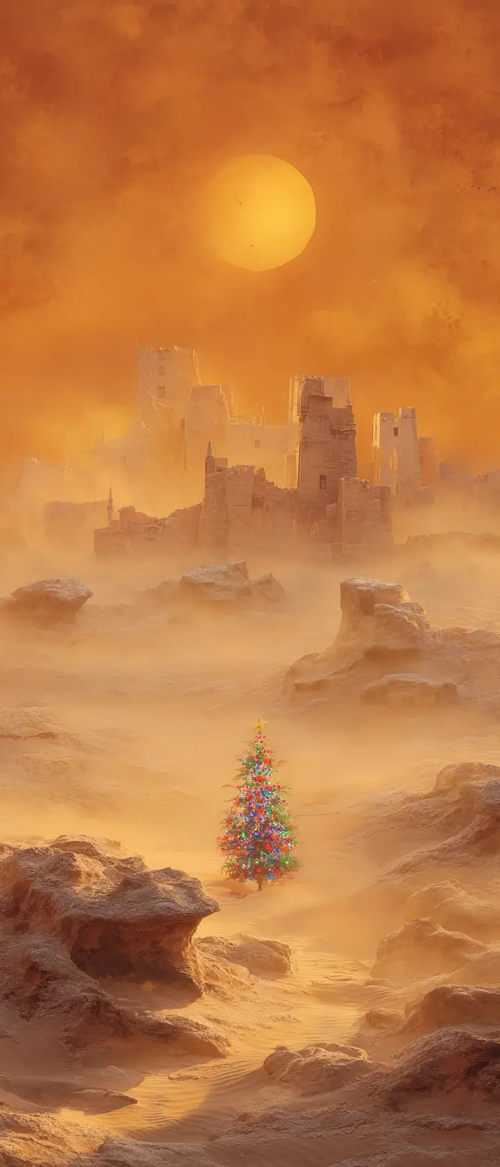 Rovine Surreali nel Deserto con Albero di Natale Luminoso