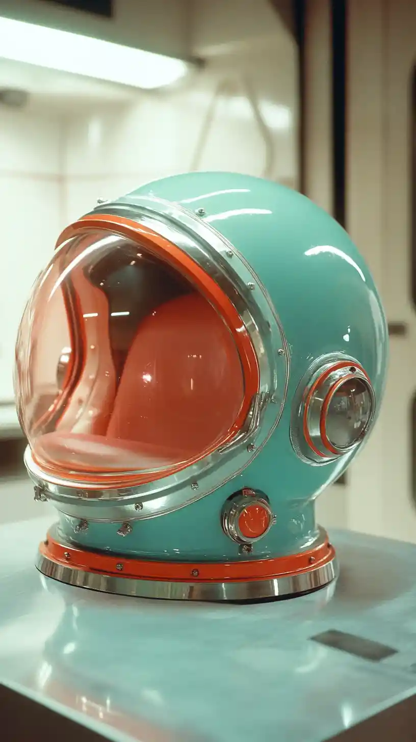 Casco da astronauta retrò su tavolo futuristico accanto al finestrino dell’astronave