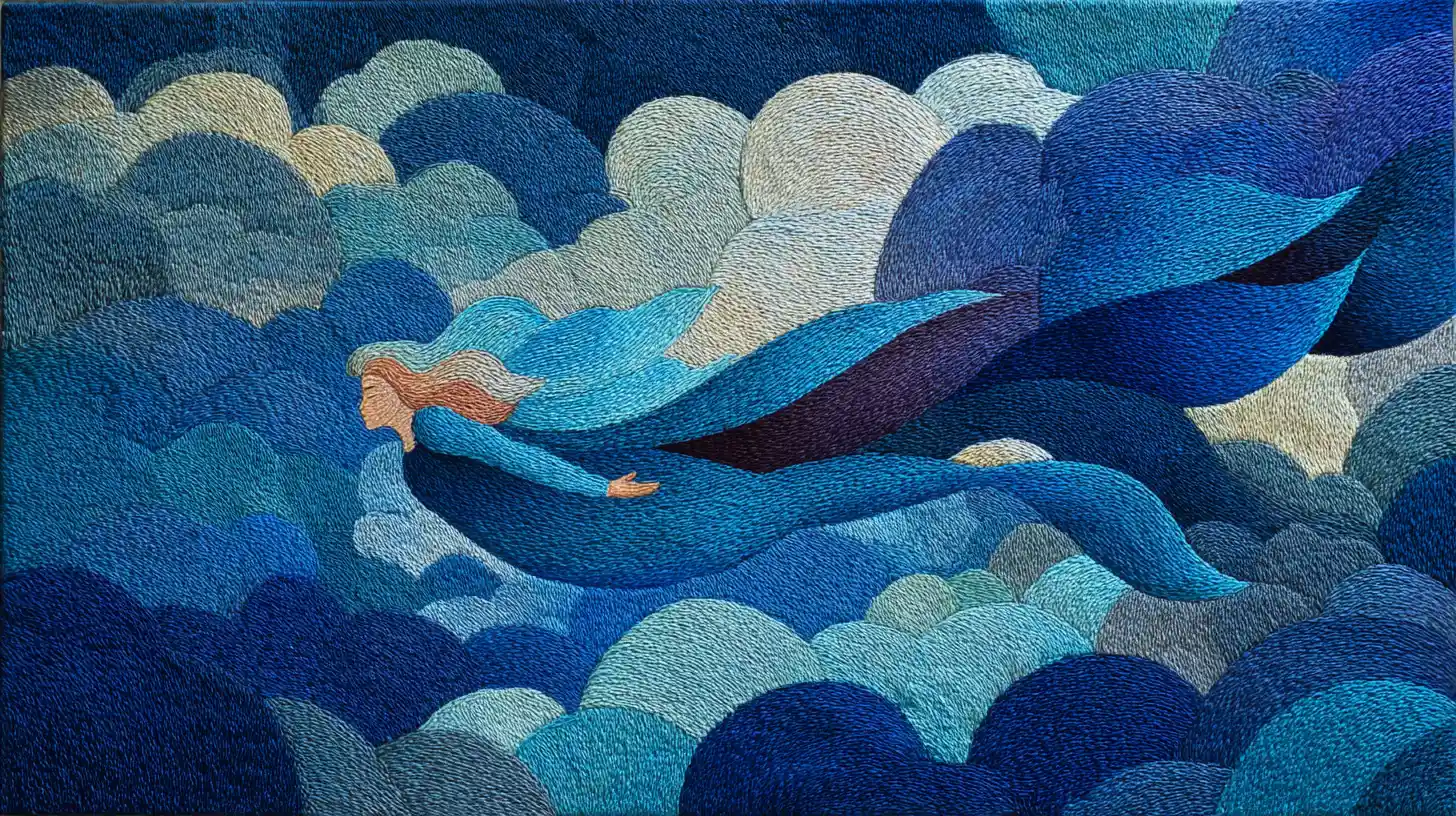 Sirenetta surreale che fluttua in un cielo sottomarino da sogno