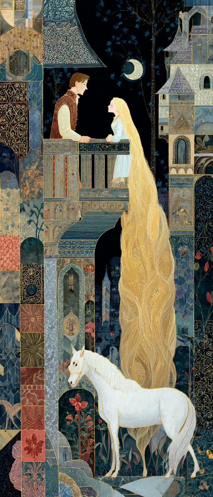 Rapunzel princess in tower with prince and white horse