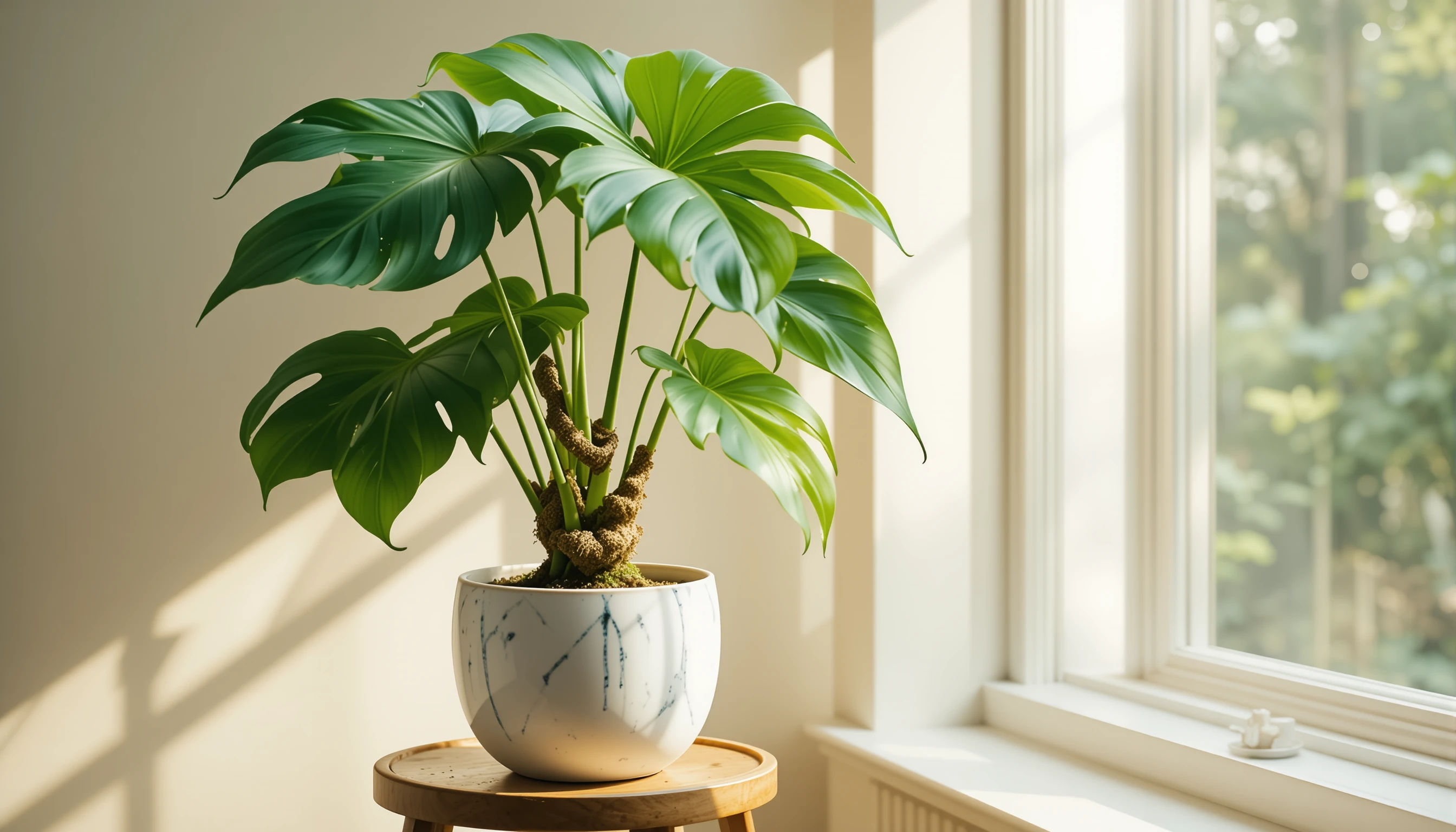 Monstera-Pflanze im Keramiktopf am sonnigen Fenster