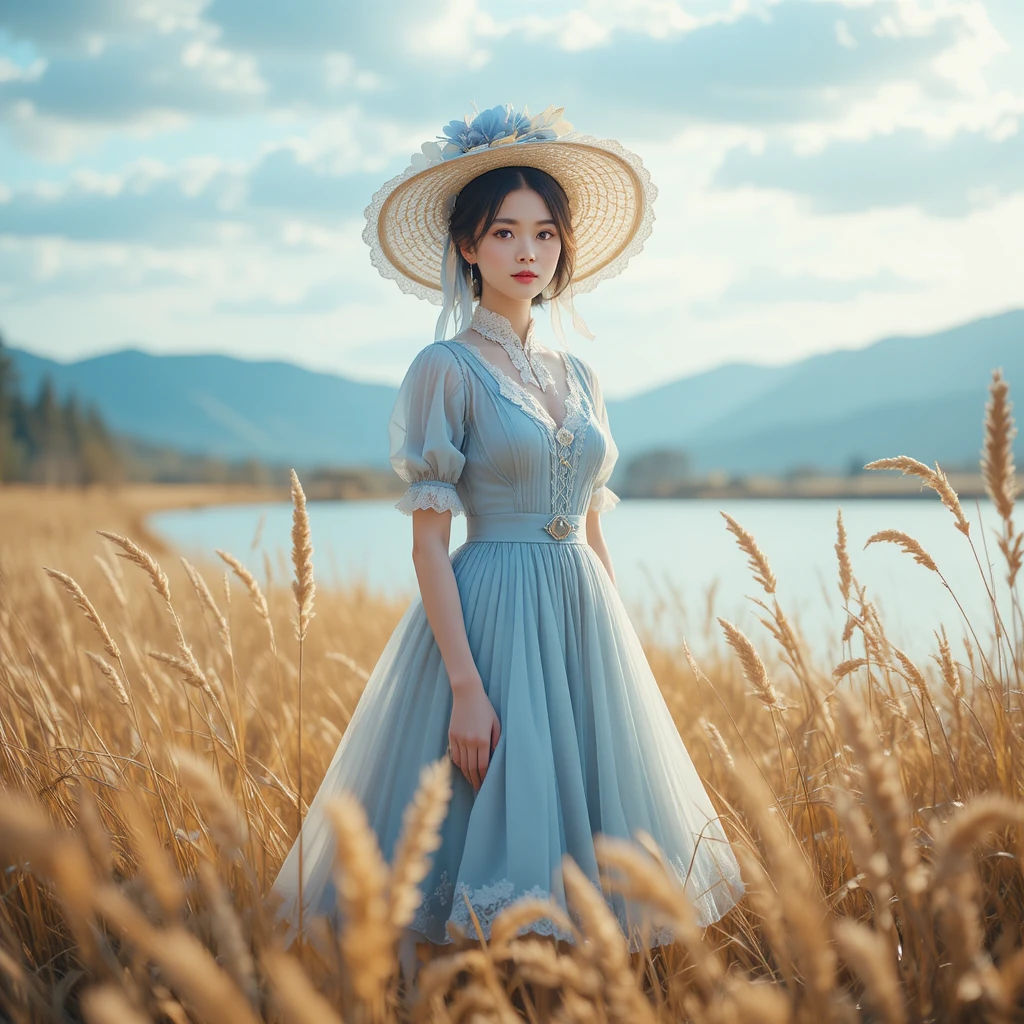 Junge Frau im blauen Kleid an einer goldenen Wiesenlandschaft am See